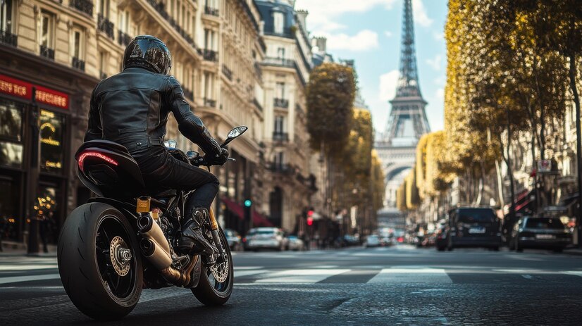 Un homme en moto dans les rues de Paris