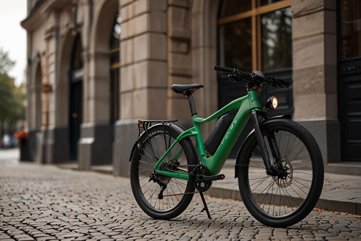 Un vélo électrique vert garé en pleine rue